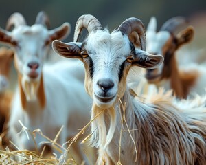 A Herd of Goats Munching on Fresh Hay in a Rustic Countryside Setting