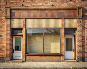 Retro-style empty storefront with faded brick exterior, old-fashioned windows, and blank signage space awaiting customization, set against a warm, sunny urban background.