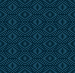 Vector abstract geometric pattern with hexagon shapes, circles, curved lines, stripes, waves, grid. Simple geometrical dark blue texture. Stylish modern background. Repeated design for decor, print