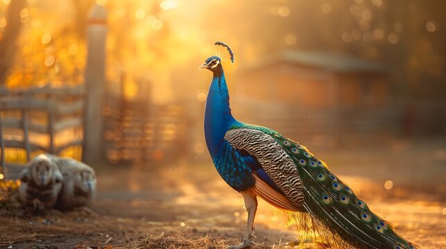 Majestic Peacock Showcasing Vibrant Plumage in a Quaint Farmyard Scenery