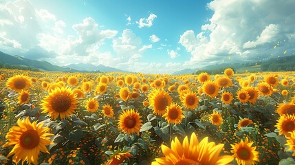 Fototapeta premium A vibrant field of sunflowers under a bright summer sky 