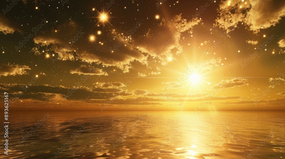 Wall mural brilliant star casting a warm glow across a serene, heavenly landscape