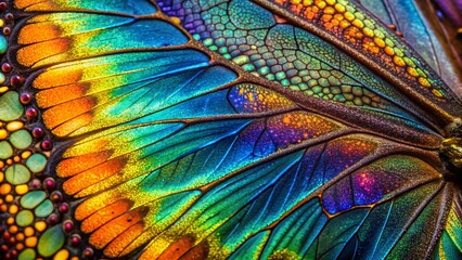 Obraz premium Vibrant microscopic details of a butterfly's wing reveal intricate scales resembling iridescent jewels, showcasing nature's artistry in this stunning, high-magnification, AI-generated photograph.