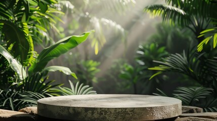 Sunlit tropical jungle setting with an empty stone podium surrounded by lush green leaves perfect for product display or background use.