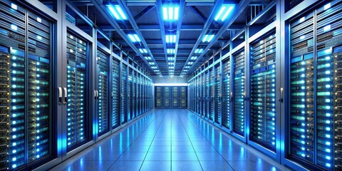 Obraz premium Modern Server Room Interior with Blue Lights and Tile Floor
