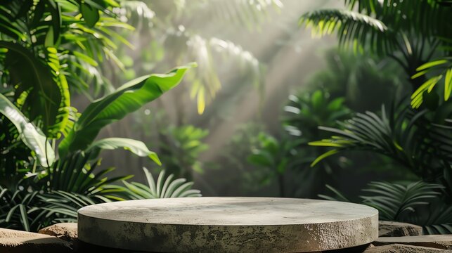 Sunlit tropical jungle setting with an empty stone podium surrounded by lush green leaves perfect for product display or background use.