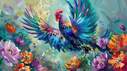 Chicken with iridescent wings fluttering among bright, exotic flowers