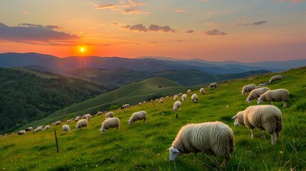 Fototapeta premium Peaceful Pastoral Herd Grazing on Idyllic Rolling Hillside at Sunset