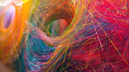 Dynamic string web of various colors creating an abstract art piece