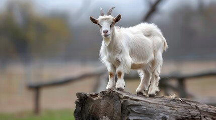 Obraz premium Curious Goat Standing on Wooden Log in Pastoral Farm Setting