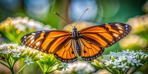 Naklejka premium Vibrant orange and black striped butterfly sits delicately on white petals of flowers, its intricate wings and antennae showcased against a soft, blurred background.