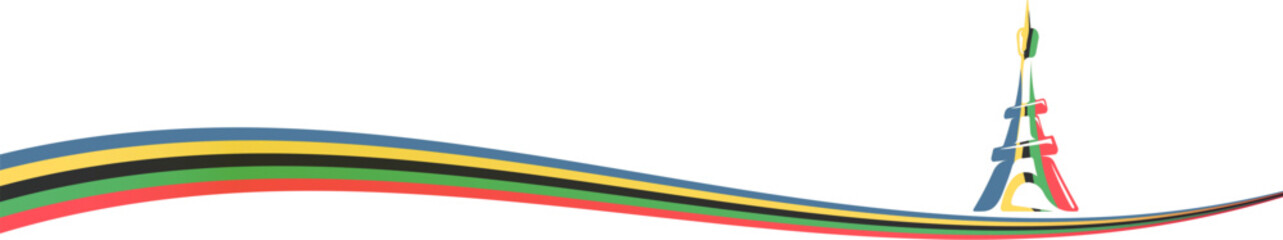 Colored Olympic Games France 2024 abstract curved rainbow wave with eiffel tower logo isolated on white baclground. Colorful Olympic Games france 2024 banner, corner and poster design template