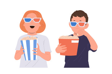 Excited boy and girl child isolated cartoon characters wearing 3d goggles watching cinema film