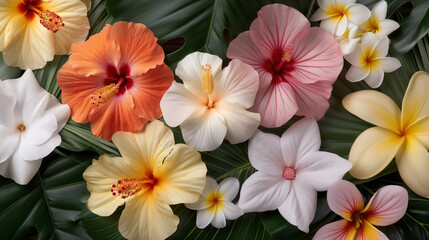 Fototapeta premium Vibrant Tropical Flowers Arrangement with Green Leaves and Mixed Colors