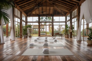 Fototapeta premium An empty yoga studio featuring large windows revealing lush greenery outside. The space is well-lit with wooden floors and minimalist decor, providing a tranquil atmosphere.