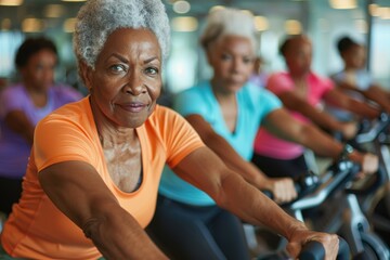 A senior woman decked in an orange shirt is focused on her cycling exercise, surrounded by participants in colorful attire, highlighting the inclusiveness of fitness routines.