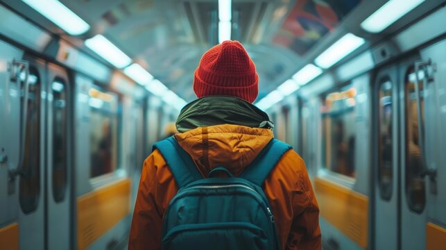 Solo traveler exploring a city's underground subway system, urban adventure, big city navigation