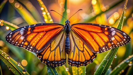 Vibrant orange and black butterfly wings unfold, revealing intricate patterns and delicate scales, sparkling with dew droplets in soft, warm morning light.