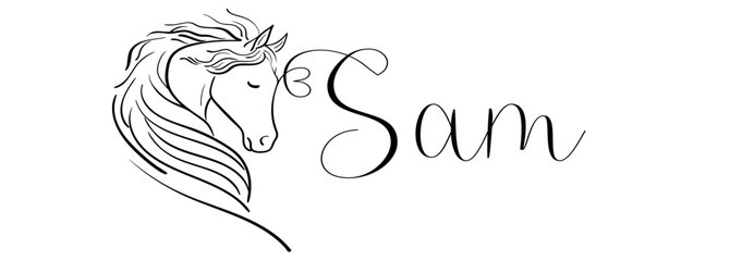 Sam - colore nero - nome scritto - grafica vettoriale con cavallo stilizzato con cuore - per siti web, auguri, banner, cartoline, tag, t-shirt, felpa, stampe, cricut, silhouette, scrapbooking © roberta