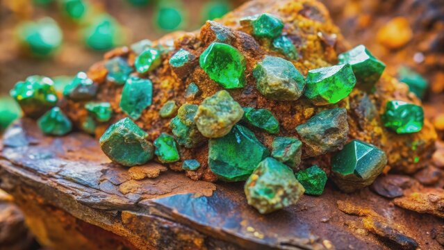 Rusty nickel ore with vibrant green garnierite crystals sprinkled across weathered rock, showcasing geological wonders in a natural, Earthy setting with subtle texture details.
