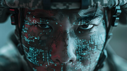 Digital code overlaying soldier's face with advanced technology