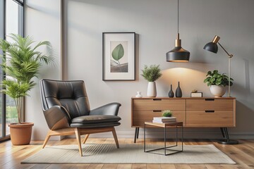 Fototapeta premium Modern home decor with a chic Scandinavian living room featuring a design armchair black mock up poster frame commode wooden stool lamp decoration loft wall an