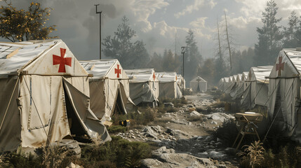 Exterior view of field hospital with Red Cross symbols