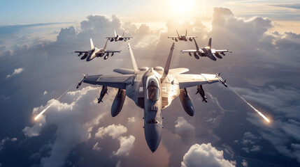 Fighter jets in formation flying in bright sky