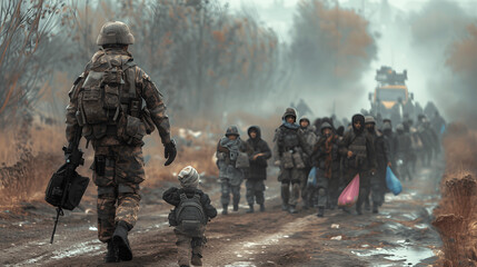 Soldier escorting refugees to safe zone during humanitarian mission