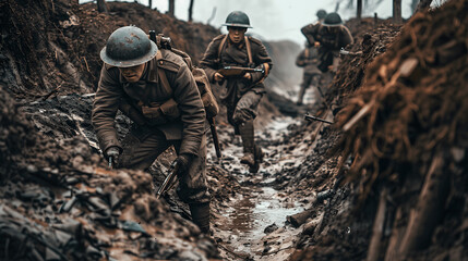World War I trench warfare reenactment with soldiers in muddy trenches