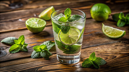 Fototapeta premium Fresh lime and mint leaves infused in a clear glass filled with sparkling water, garnished with a sprig of mint, on a rustic wooden table.