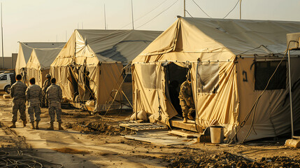 Military setting up field hospital tents with teamwork and coordination