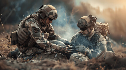 Military medic providing first aid to comrade on battlefield