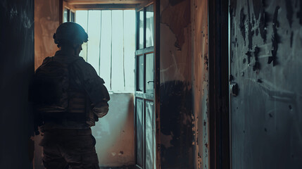 Soldier entering room during tactical room clearing exercise