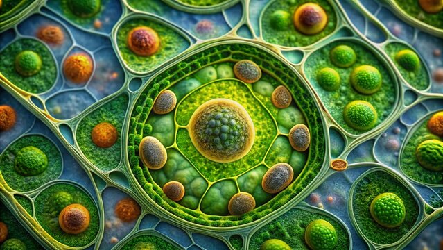 Magnified view of a plant cell's intricate structure under a digital microscope's lens, showcasing chloroplasts, nucleus, and cell membrane in vivid detail for educational purposes.
