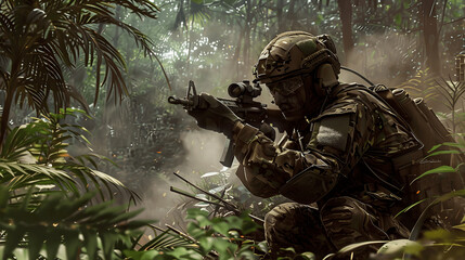 Soldier crouching in jungle setting ready to engage