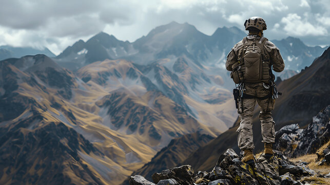 Soldier with climbing gear in mountain terrain
