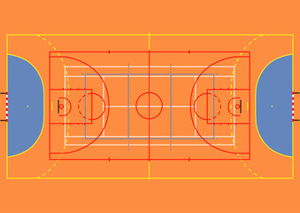 Schéma d’une salle multisport avec les différents terrains et leurs lignes superposées.