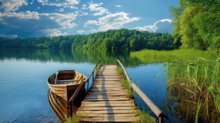Obraz premium Tranquil lake scene with a row boat and wooden bridge, calm water and scenic sky, perfect for a relaxing escape.