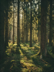 Obraz premium Dense forest with rays of sunlight filtering through the trees