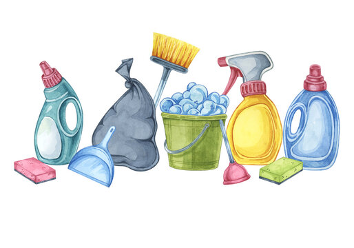 Array of cleaning supplies. Watercolor clipart for cleaning services, housekeeping businesses, digital content, classroom posters, brochures, website banners, social media, promotional flyers