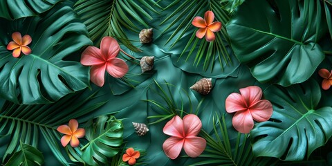 Fototapeta premium Pink and Orange Flowers in a Tropical Environment