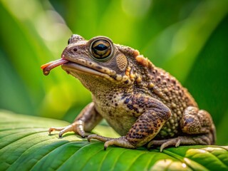 Obraz premium A solitary toad sits patiently on a lush green leaf, its long sticky tongue extended to catch unsuspecting flies buzzing around its serene surroundings.