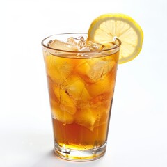 Iced tea and lemonade beverage in a glass with ice and a lemon slice