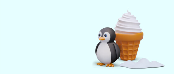 3D funny penguin near dairy ice cream in waffle cone. Color concept of cold popular dessert