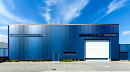 Exterior a blue industrial warehouse dock station exterior with blue metal cladding and white garage door. Commercial storehouse building, business unit, cargo factory, distribution, logistic business