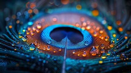 8K resolution close-up of a peacock feather, iridescent blues and greens shimmering, minute barbules in tack-sharp focus, exquisite detail of eye pattern, high dynamic range, 