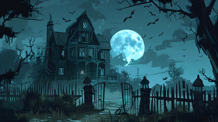 Halloween haunted house dark moonlit night full moon creepy silhouette cartoon vintage illustration ghosts bats eerie fence festival holiday festive celebration backdrop background painting art