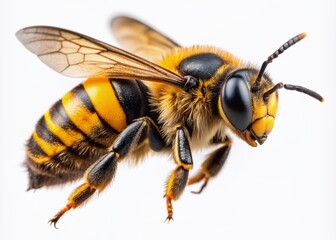 Vibrant yellow and black flying bee in mid-air, captured in stunning macro detail, isolated on a pure white background, highlighting nature's pollination wonders.