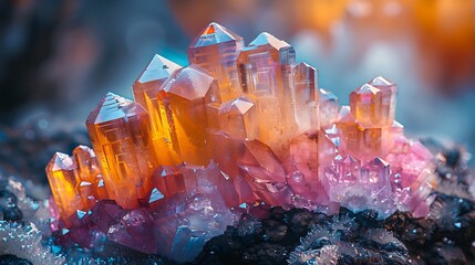 8K resolution image of a mineral crystal formation, faceted surfaces refracting light, vivid colors and internal structures visible, shot on professional DSLR camera, 